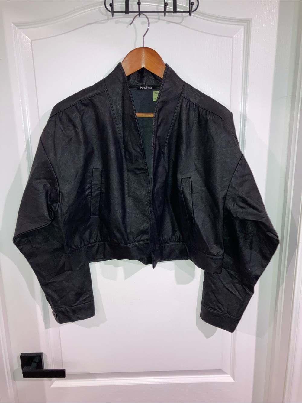 Boohoo Black Faux Leather Cropped Open Front Jacket - size 12